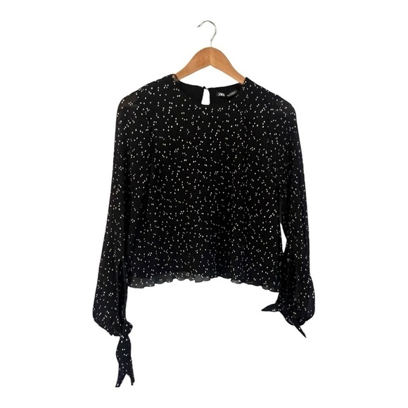 ZARA Polka Dot Pleated Blouse Black White Size Small - Picture 2 of 5